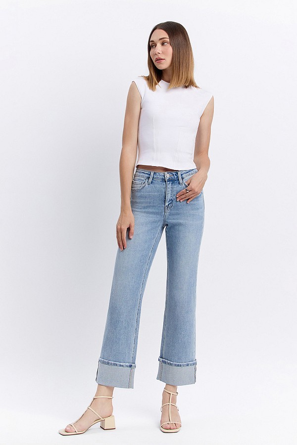 HIGH RISE CUFFED SLIM WIDE JEANS F6...